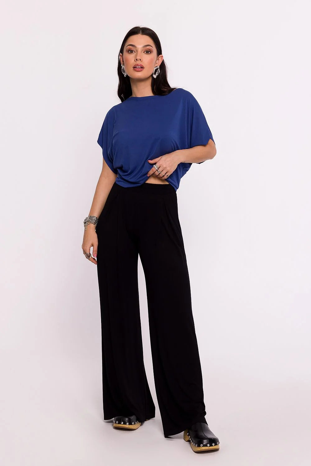 ensemble femme top pantalon palazzo bleu cobalt noir oversize mancheschauvesouris colrond cropped coupeample fluide léger taillehaute élastiquée sophistiquée