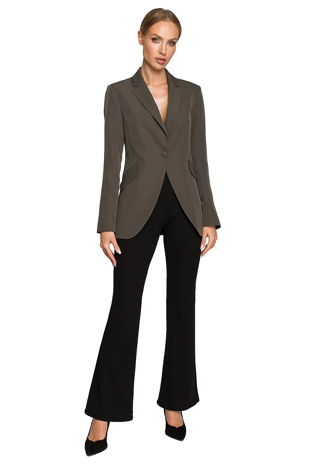 Blazer femme élégant vert éclatant coupe ajustée épaulettes discrètes poches rabat tissu de qualité polyester élasthanne