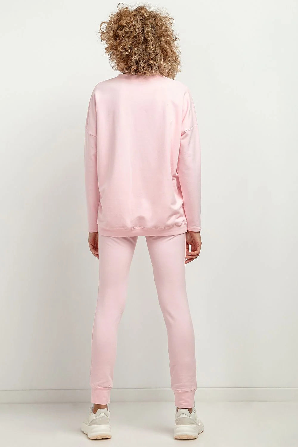 Ensemble casual femme rose pastel coton polyester coupe décontractée taille élastique manches longues haut plissé pantalon assorti