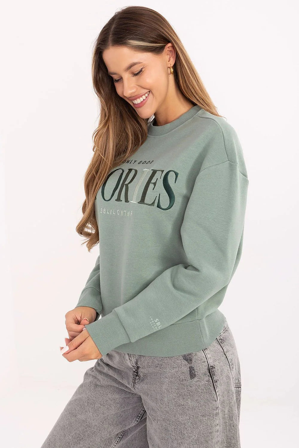 sweatshirt femme col rond oversize coupe droite molleton intérieur gratté manches longues bords côtes lettrage STORIES