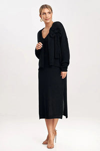 Ensemble Figl robe longue cardigan fleur manches longues maille fine noire femme occasion élégante