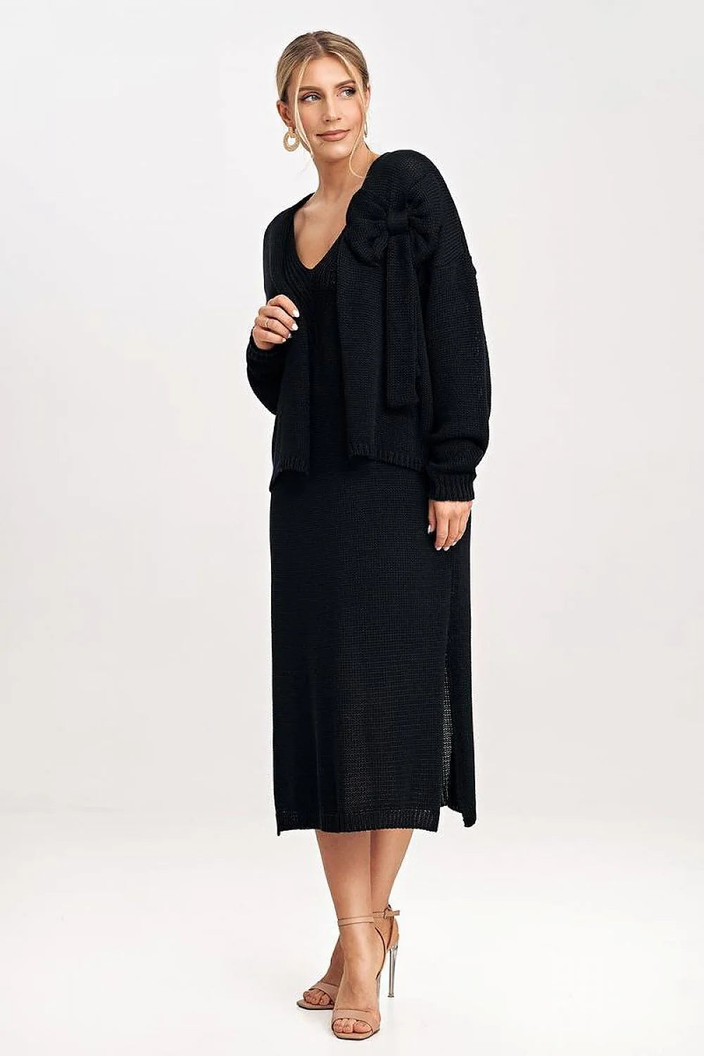 Ensemble Figl robe longue cardigan fleur manches longues maille fine noire femme occasion élégante