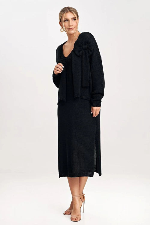 Ensemble Figl robe longue cardigan fleur manches longues maille fine noire femme occasion élégante