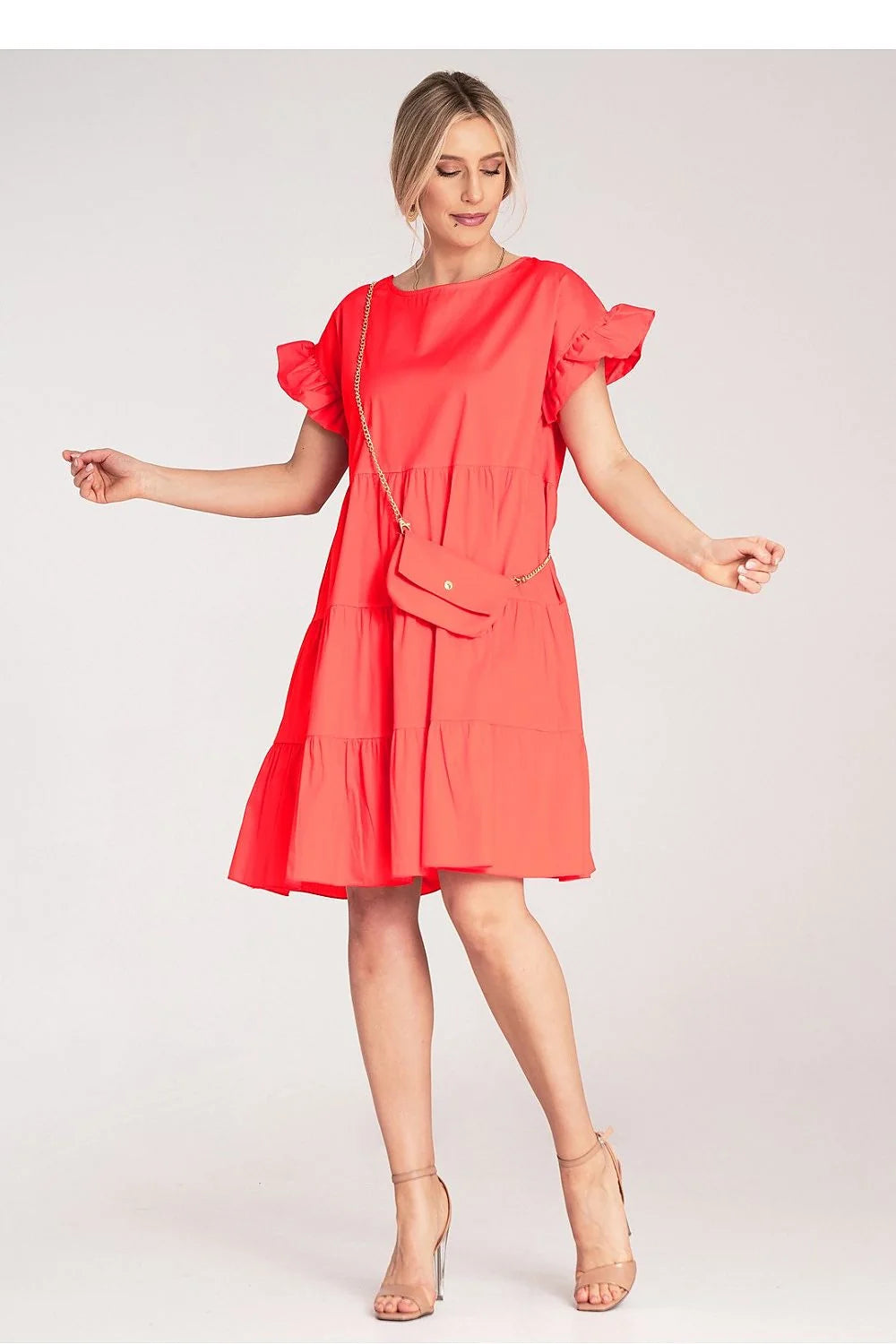 Robe de jour estivale mini à volants évasée couleur corail en coton 98% elastane 2% pour femme élégante occasion décontractée ou semi-formelle