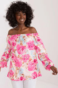 chemisier femme imprimé floral roses fuchsia bleu ciel manches longues smockées encolure pailletée épaules dénudées plis évasée fluide