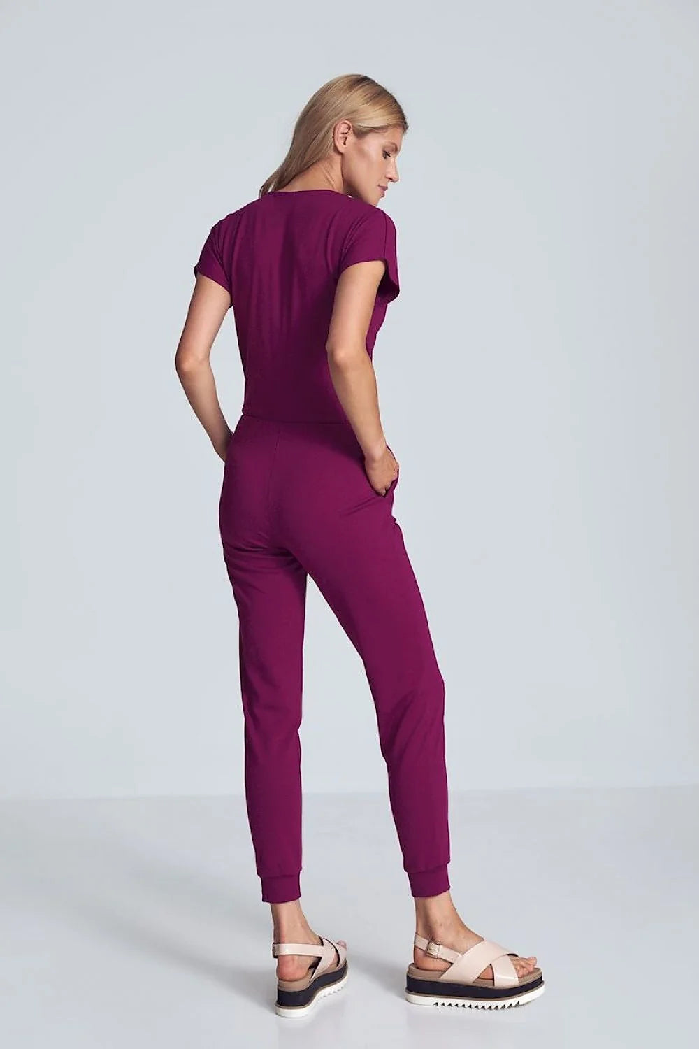 Combinaison femme jersey beige camel cachecoeur manches courtes élégante décontractée taille élastique poches latérales