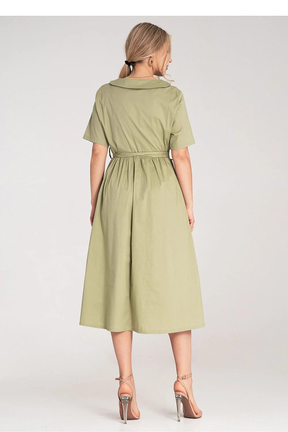 Robe midi coton 100% ceinture amovible manches courtes élégance décontractée vert olive taille ajustable femme