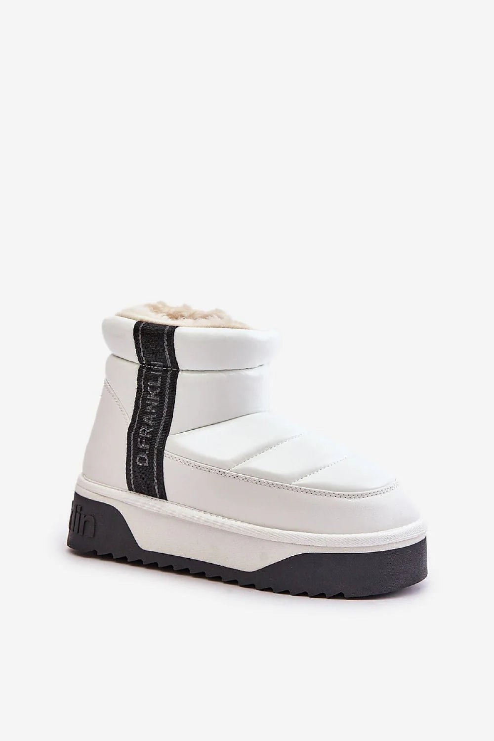 Bottes de neige pour femmes matelassées fourrure synthétique style moderne urbain couleur blanche bande noire cuir artificiel semelle épaisse
