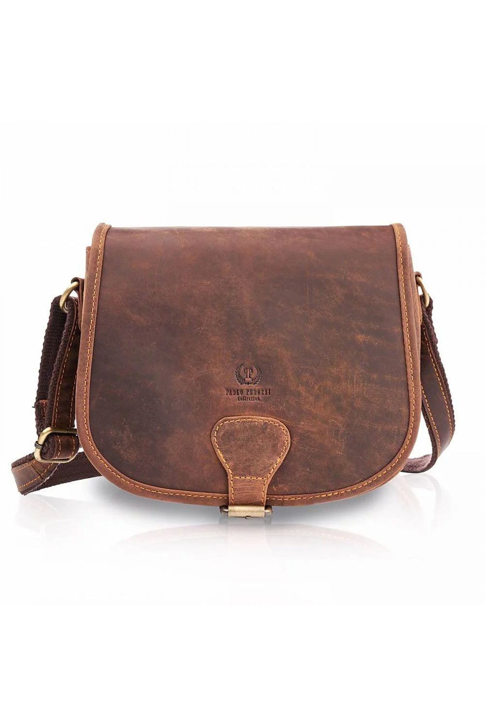 Sac en cuir naturel vintage bandoulière élégant design intemporel femme marron foncé compartiments zippés logo embossé accessoire mode