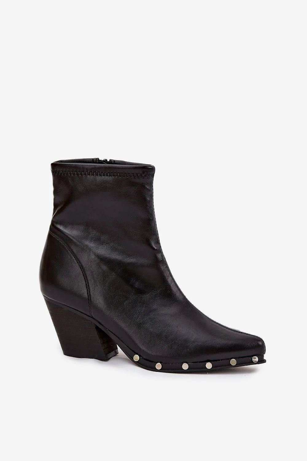 bottines femme simili cuir noir bout pointu talon bloc stable confortable zip latéral rivets semelle rock western silhouette élancée