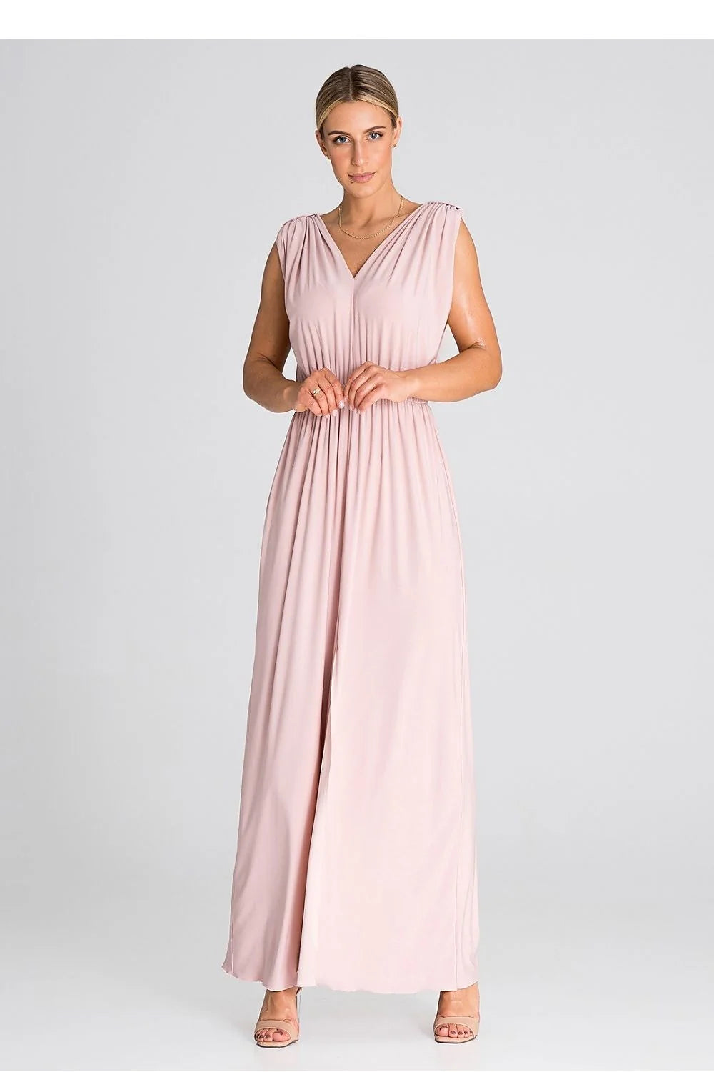 robe longue élégante sans manches col V rose poudré plissée taille cintrée jersey stretch fluide jupe ample fente centrale cérémonie