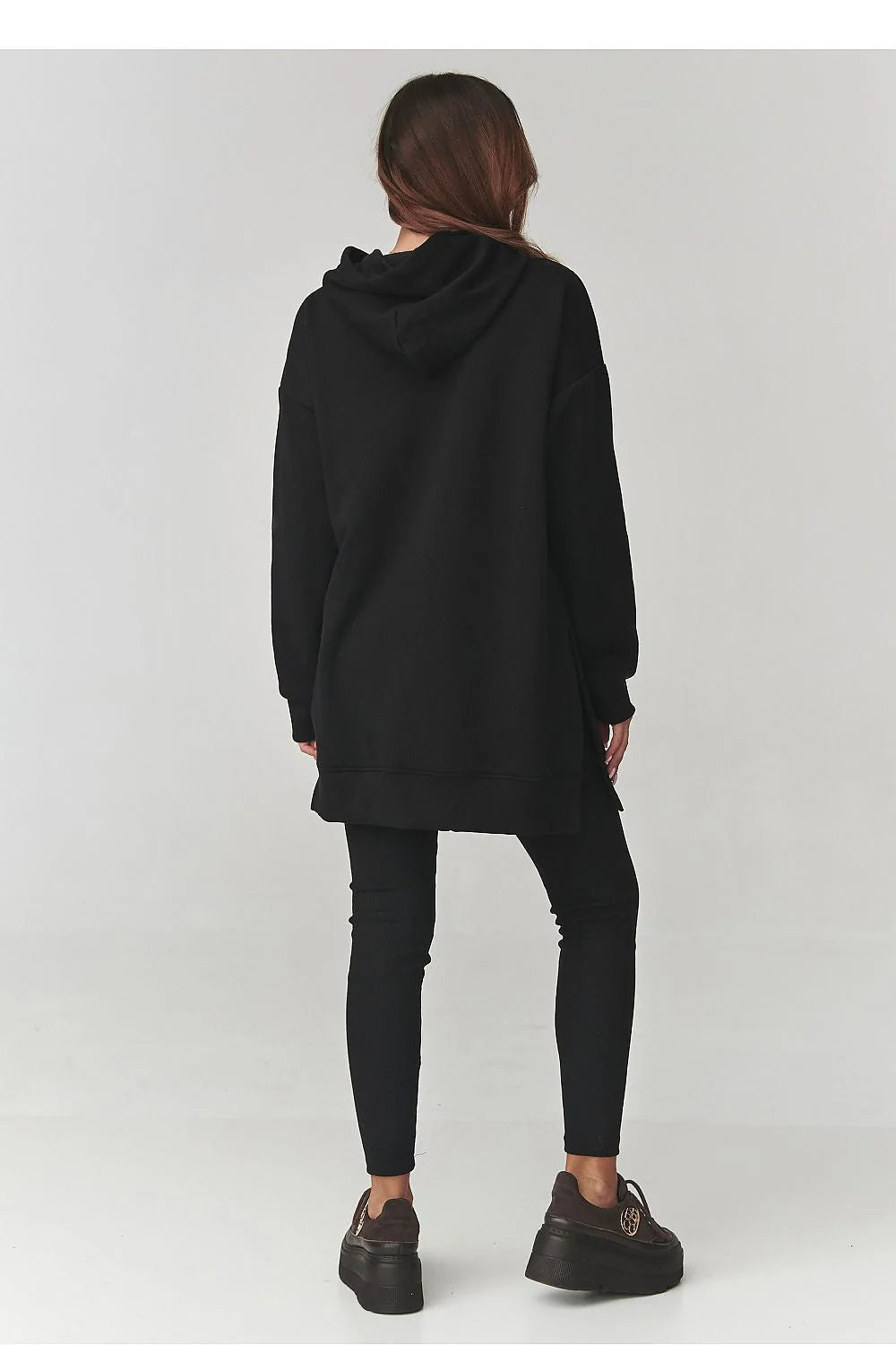 ensemble sweat capuche oversize long noir tunique molleton doux coton élasthanne leggings assortis poche kangourou poignets casual urbain confort