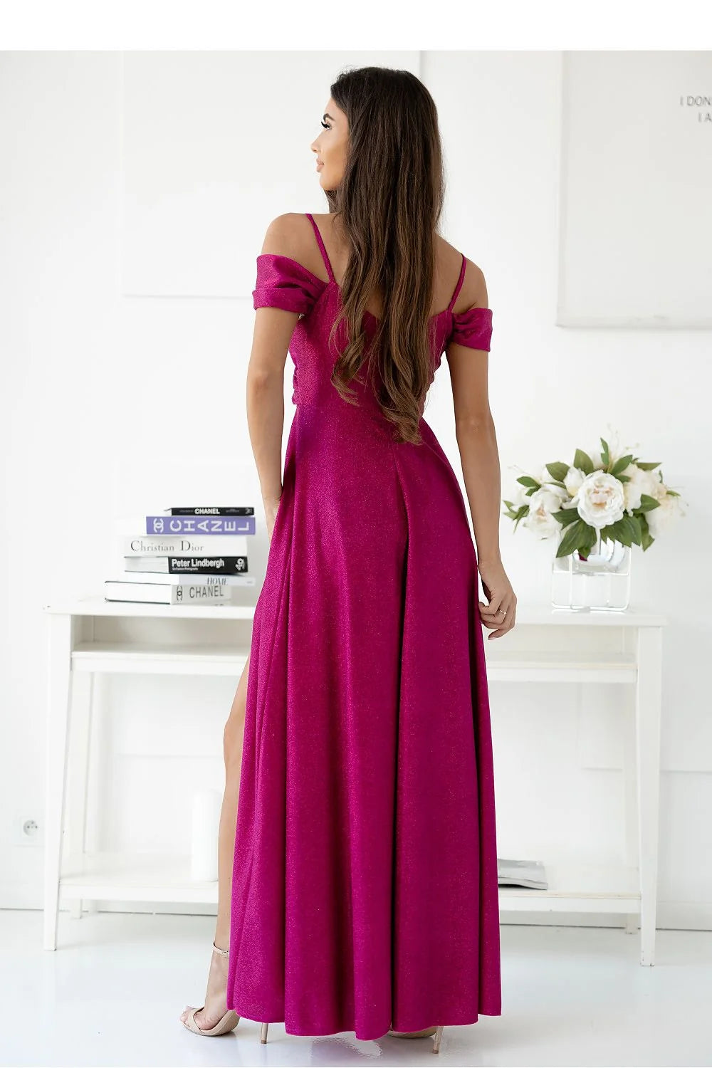 Robe longue élégante fuchsia manches longues décolleté V croisé tissu scintillant polyester femmes occasion spéciale