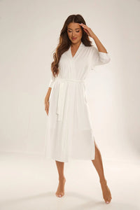 Robe de chambre élégante longue en viscose douce avec lien de taille manches 3/4 pour femme