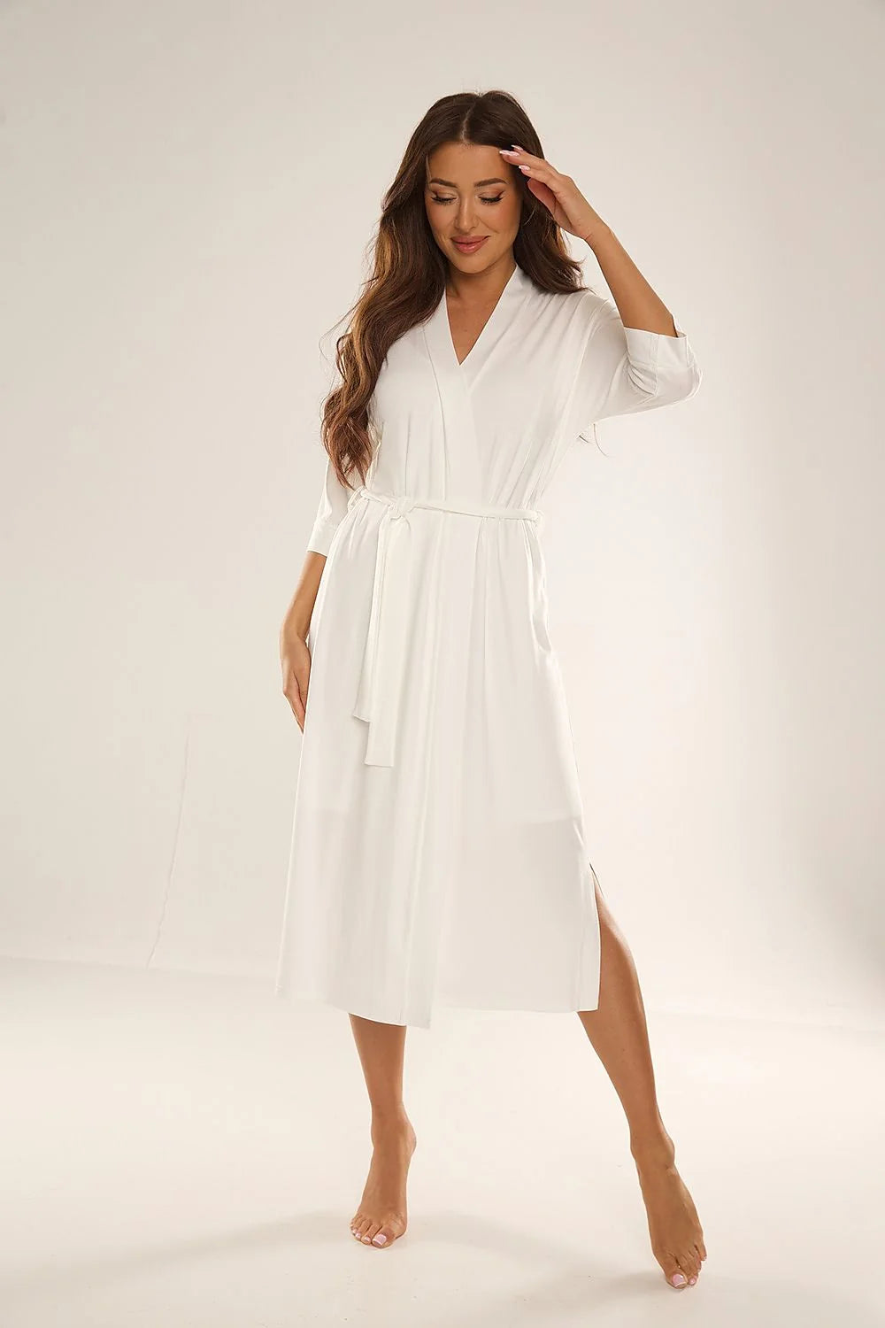 Robe de chambre élégante longue en viscose douce avec lien de taille manches 3/4 pour femme