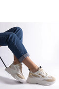 Baskets pour femmes style moderne épuré cuir synthétique mesh beige doré semelle chunky lacing blanc contrefort renforcé