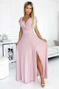 Robe de soirée élégante longue paillettes encolure enveloppante fente jambes rose pâle femmes occasion spéciale