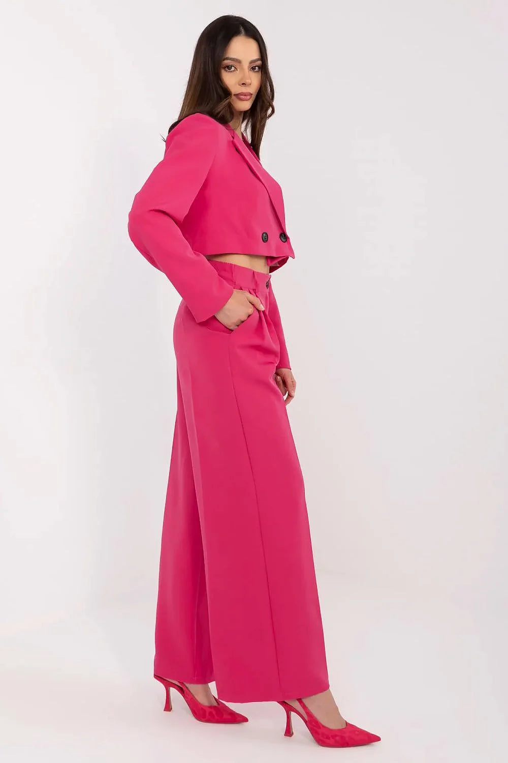 Ensemble Italy Moda moderne audacieux pour femme en polyester et elastane, rose vif, veste courte et pantalon taille haute