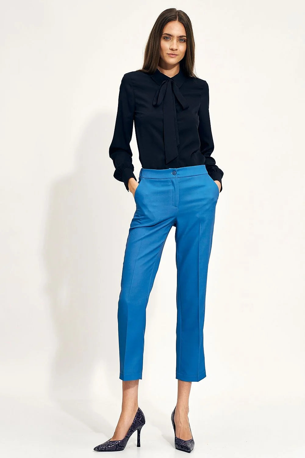 Pantalon femme Nife moderne chino直筒 taille haute élastique couleur bleu vibrant polyester élasthanne occasion décontractée bureau