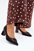 escarpins femme simili cuir noir satiné bout pointu talon colonne moyen boucle carrée dorée semelle intérieure confort élégant polyvalent intemporel