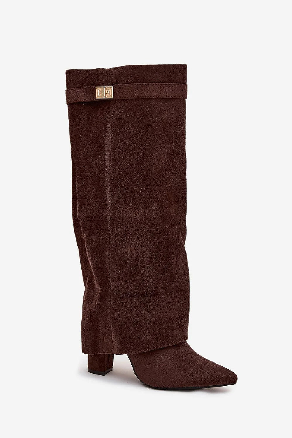 bottes femme suédé écologique marron tige 40cm drapée large bride boucle dorée fermeture latérale bout pointu talon 11cm