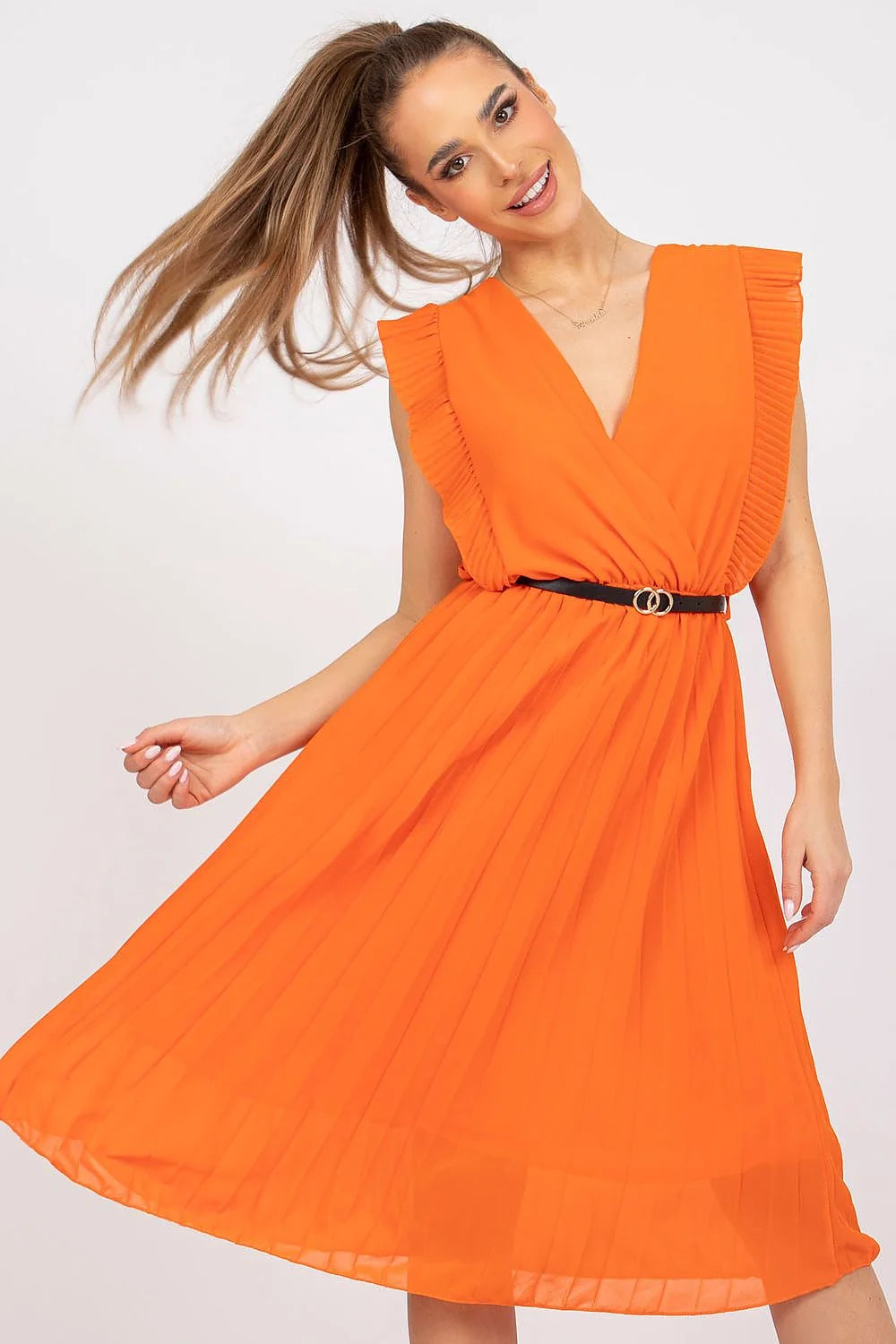 Robe élégante pour jour Italy Moda en polyester et élasthanne, manches courtes en volant, taille élastique, orange vif