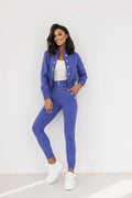 Ensemble pour femme moderne et élégant, veste bomber et pantalon slim, bleu roi, occasion spéciale, été 2023