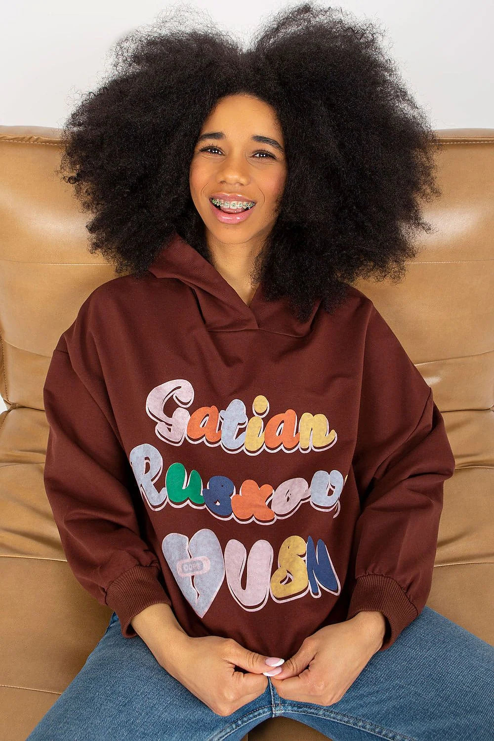 Sweatshirt pour femme Fancy style urbain coupe ample coton élasthanne capuche manches longues poches rabats impression graphique multicolore