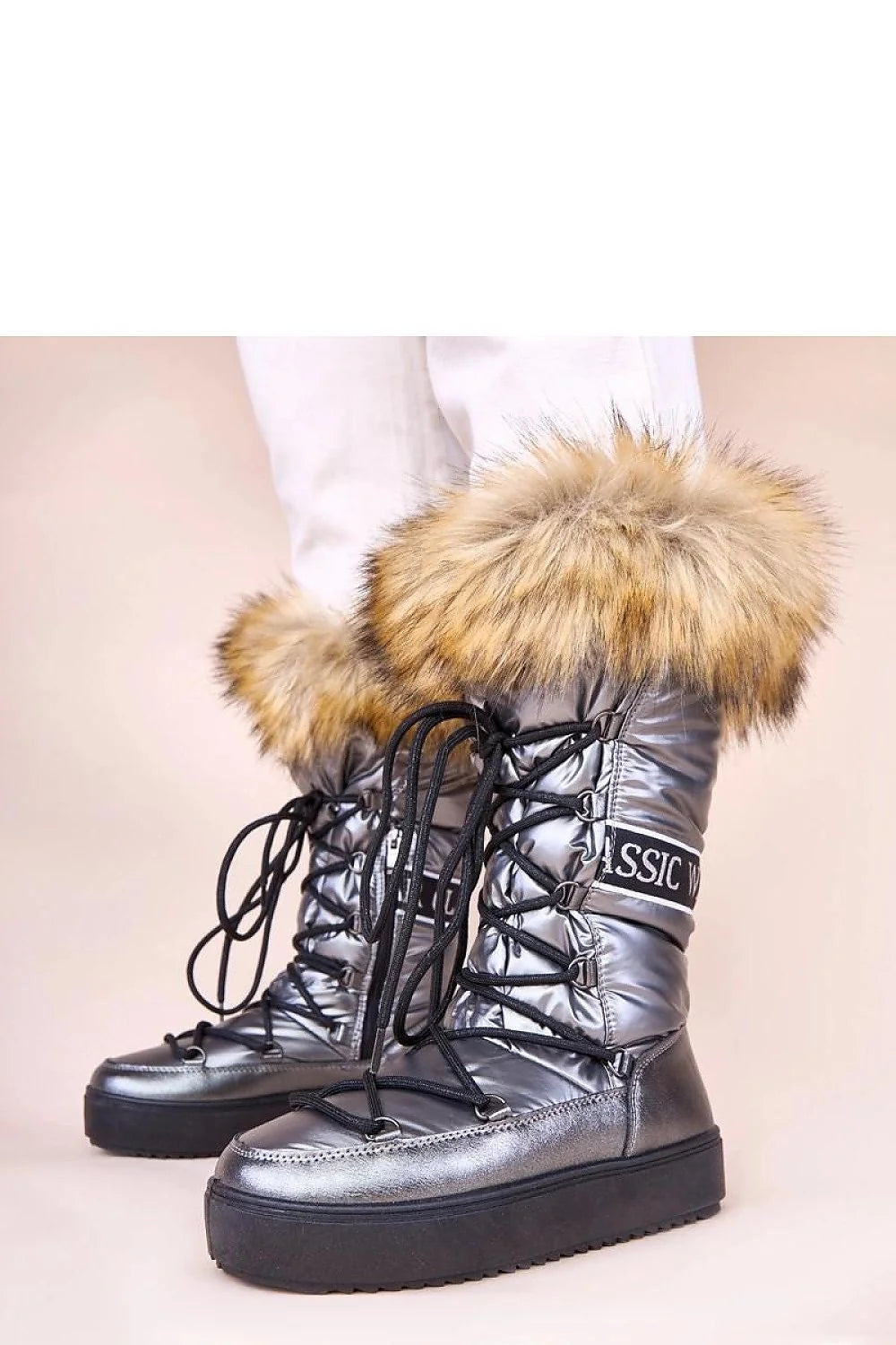 bottes neige femmes Malida Gemre métalliques argentées matelassées col fourrure beige semelle plateforme crantée antidérapante chaude