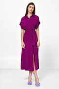Robe de jour élégante fuchsia chemisier manches courtes ceinture boutons fente longueur mollet femme