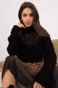 Pull à col roulé féminin maille ajourée côtelée noir ample manches longues élégance moderne mode hiver
