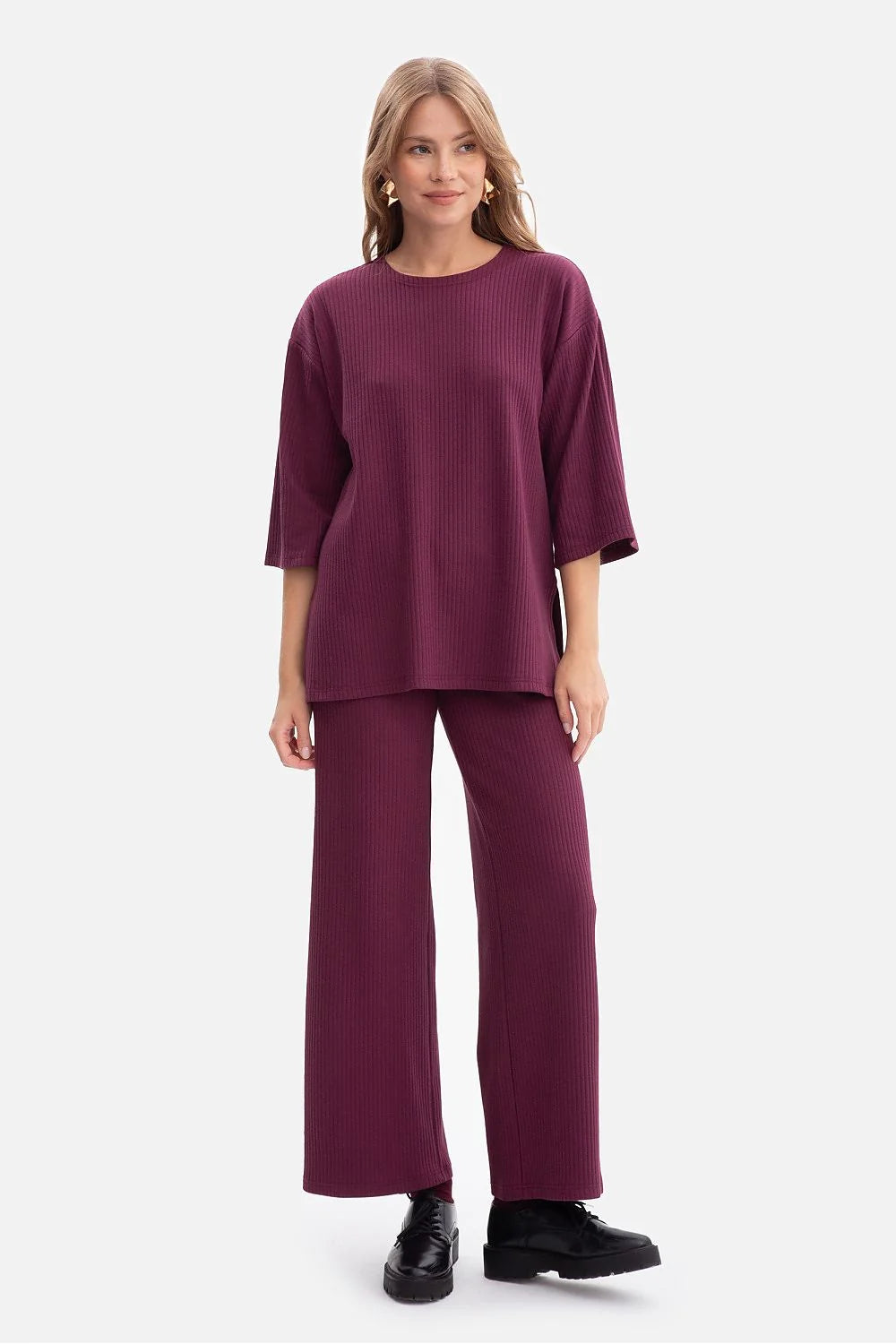 chemisier femme oversized côtelé prune encolure ronde manches troisquarts coupe droite hanches fentes latérales extensible doux coton élasthanne pologne artisanal