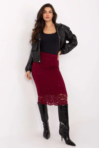 jupe midi dentelle bordeaux taille haute crayon slim floral empiècement semitransparent festonné doublure stretch confortable ceinture lisse genoux mollets