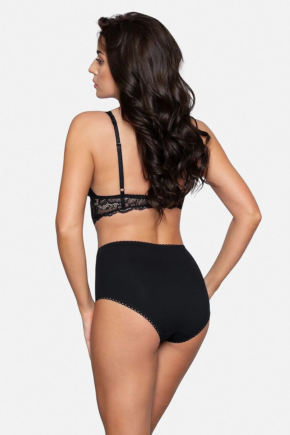 ensemble lingerie femme dentelle noire bralette longline sansarmatures maintien léger bande souspoitrine culotte taille haute gainante floral romantique coton élasthanne