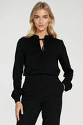 blouse femme noire élégante manches longues col lavallière nouée fente V patte boutonnage viscose légère fluide poignets froncés
