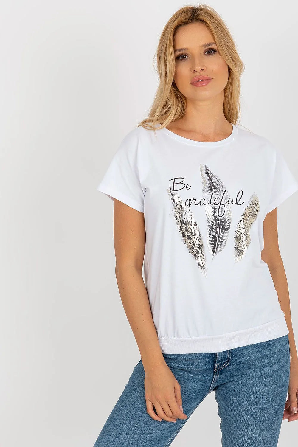 T-shirt femme design moderne graphique plumes doré noir marron col rond manches courtes coton elastane