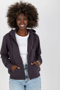 Sweatshirt coton polyester gris anthracite coupe ample capuche zippé manches longues poches kangourou casual quotidien sport femme