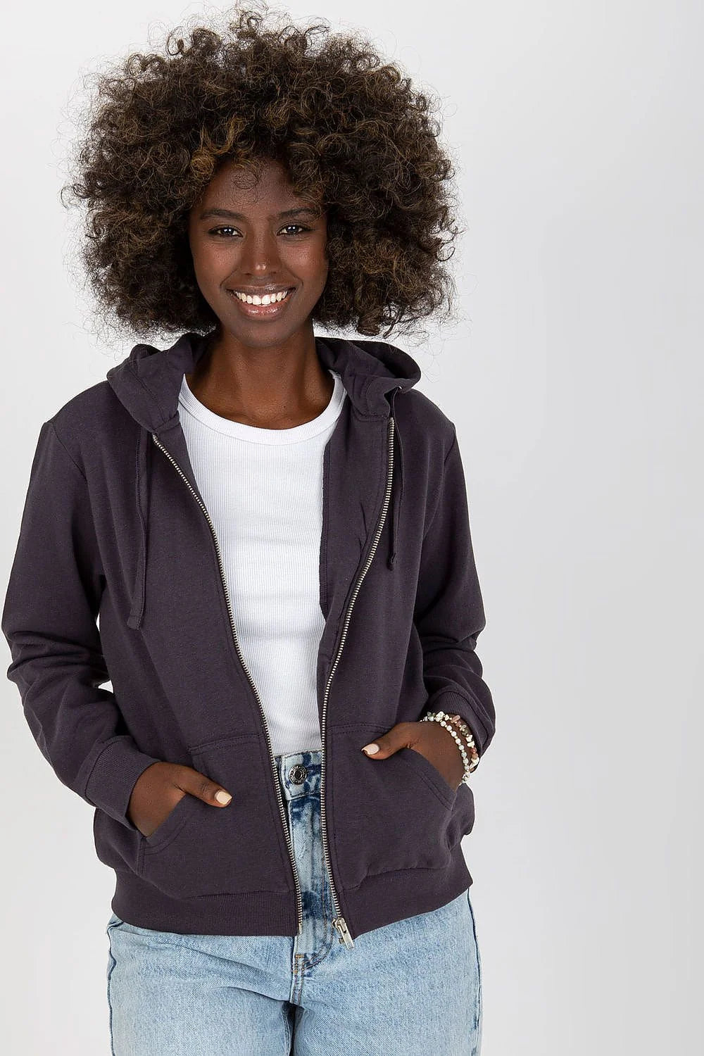 Sweatshirt femme capuche manches longues coton polyester gris foncé style casual occasion quotidienne