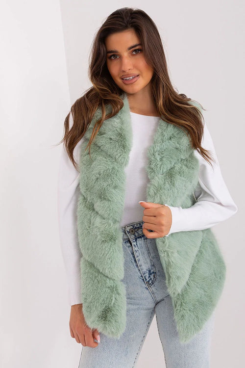 Gilet sans manches pour femmes en fausse fourrure vert pastel moderne élégant coupe droite col en cascade occasions spéciales transition automne printemps