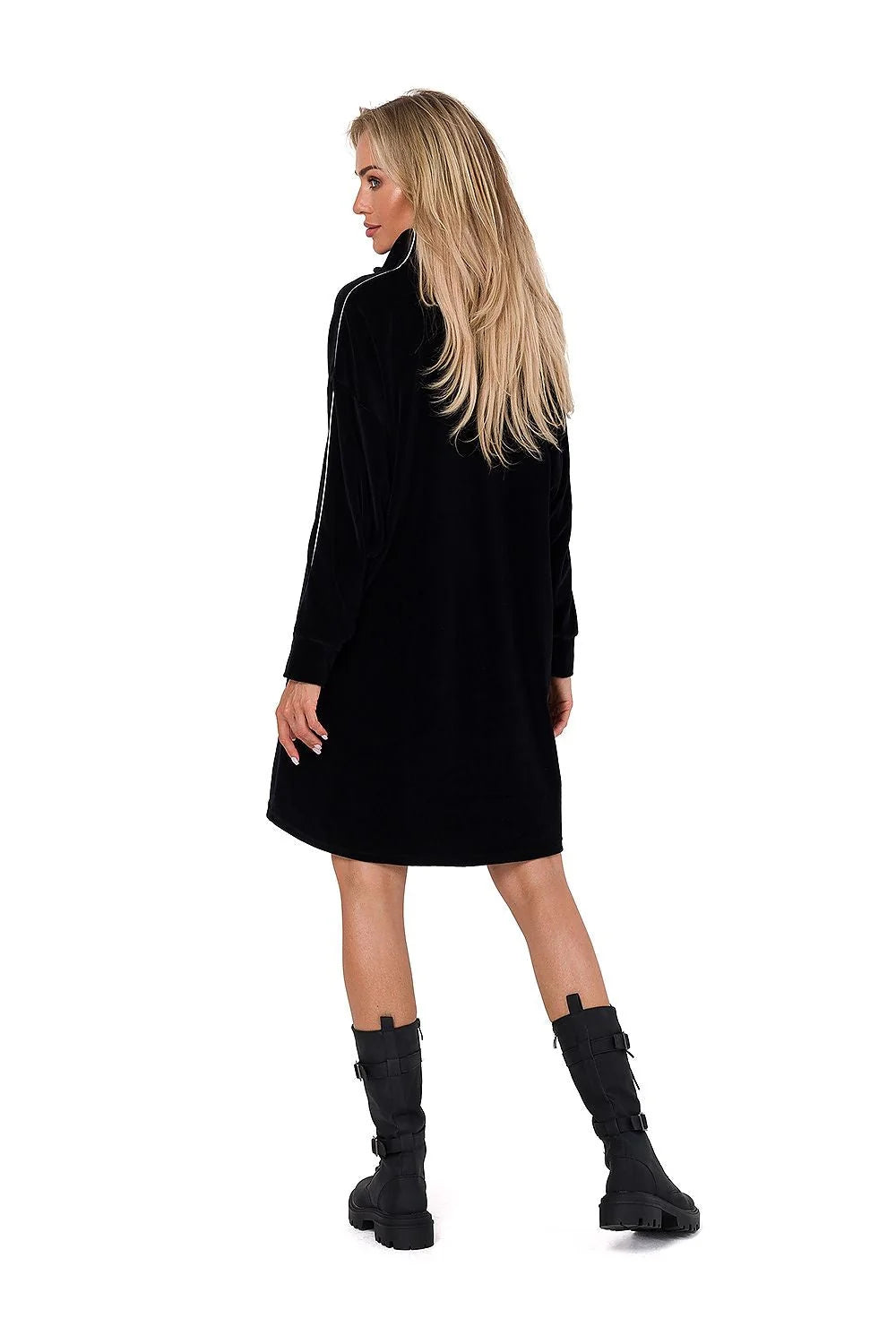 Robe de jour Moe en velours noir longues manches col montant asymétrique moderne femme
