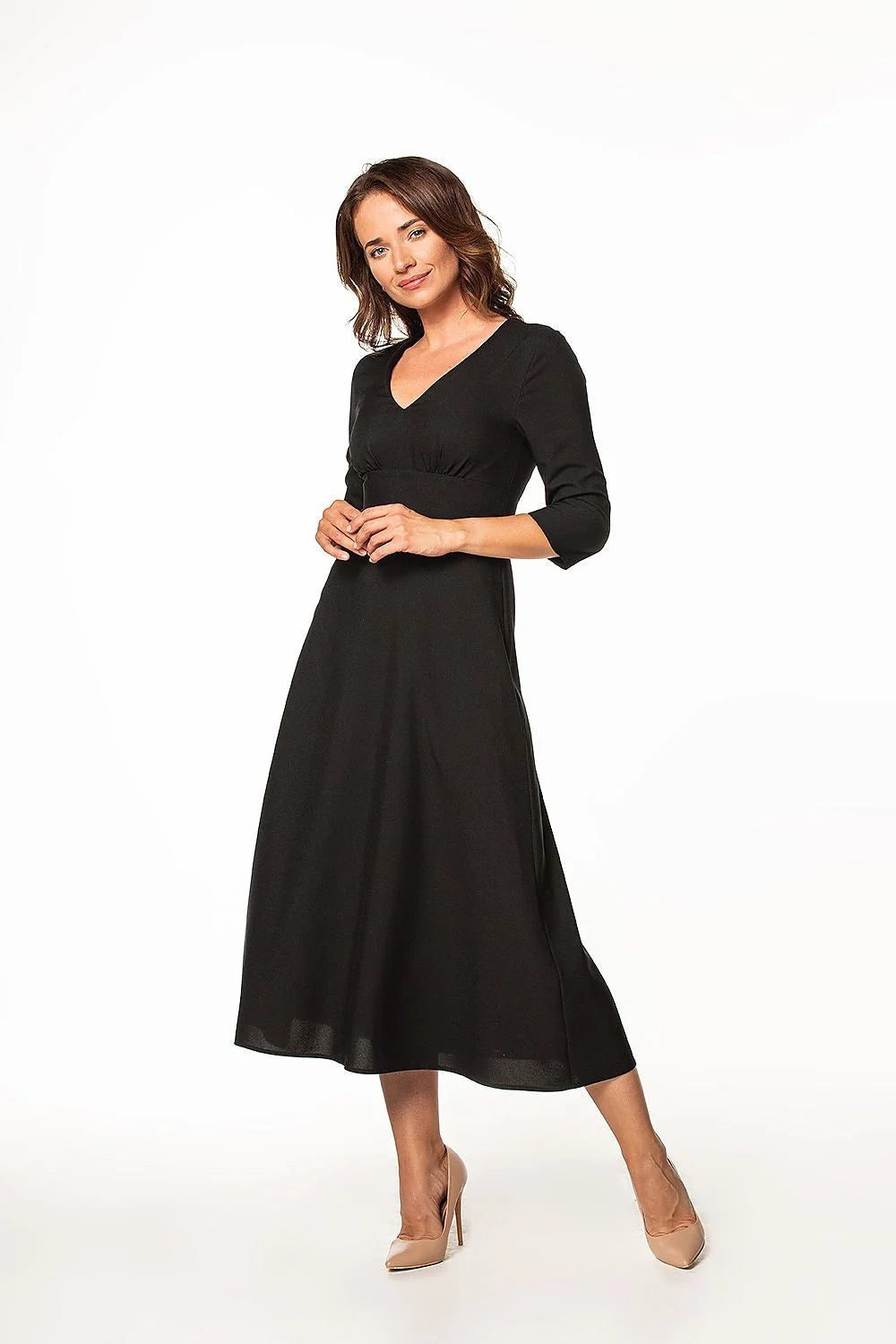 Robe de jour élégante pour femme en tissu doux, manches 3/4, fermeture éclair couverte, taille ajustable, style intemporel