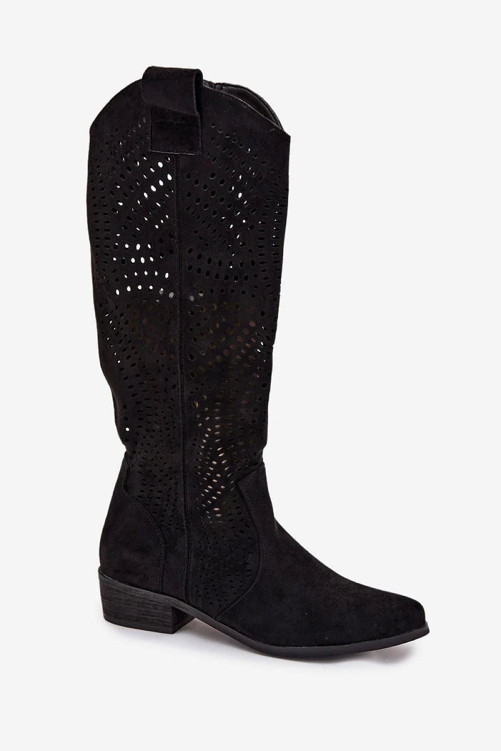 bottes cuissardes femme suédine écologique noir perforées talon4cm bout amande fermeture éclair latérale tige38cm doublure semelle antidérapante western confortable