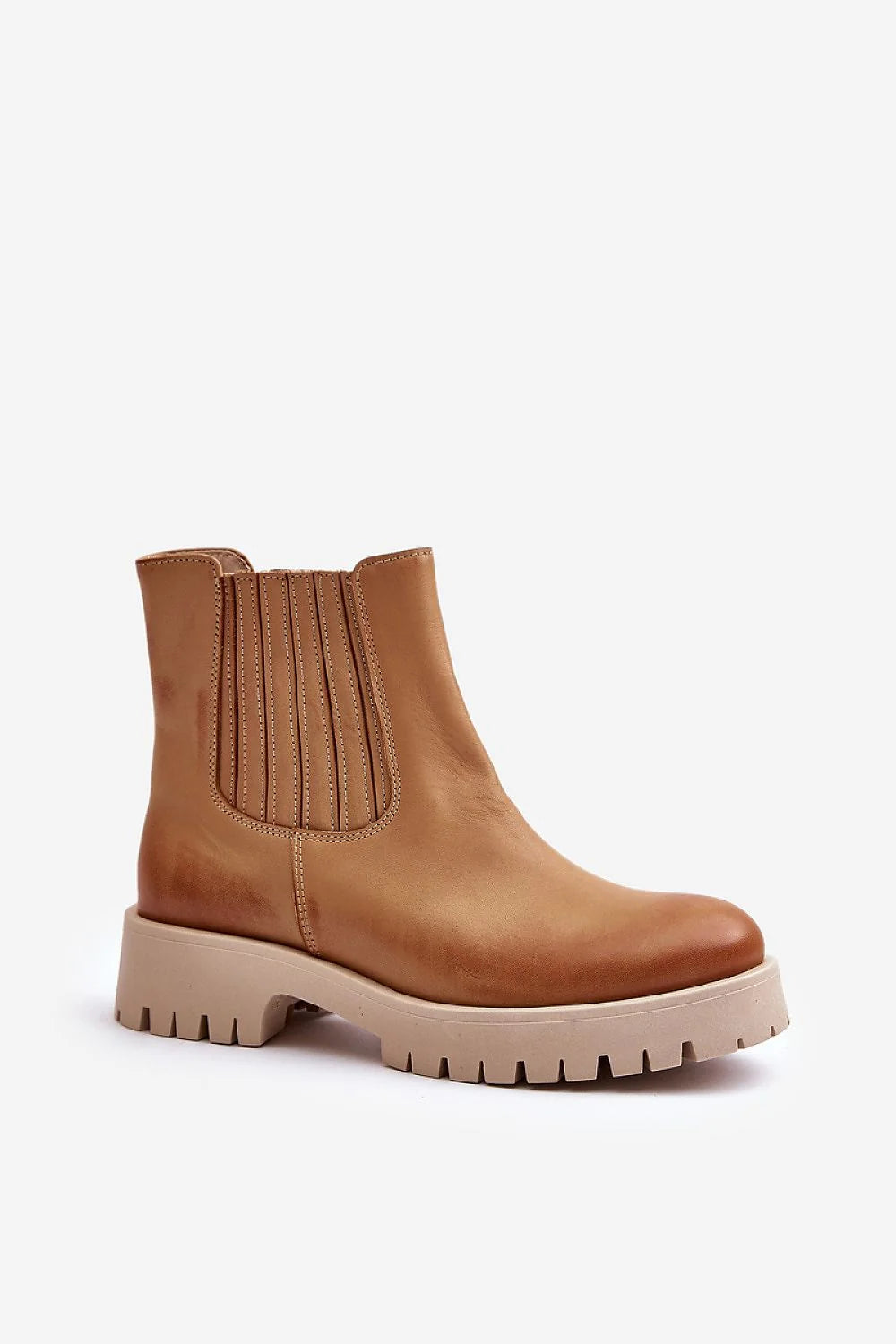 Bottes Step in Style Femme Design Moderne Épuré en Cuir Beige Clair avec Élastique Côtelé, Semelle Crème Crantée, Hauteur 14 cm, Talon Plat 4 cm, Confort Journée