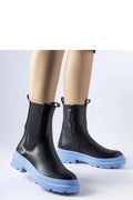 bottes Georgette noires semelle bleue caoutchouc crantée plateforme épaisse talon chunky montante chelsea cuir synthétique mat élastiques latéraux