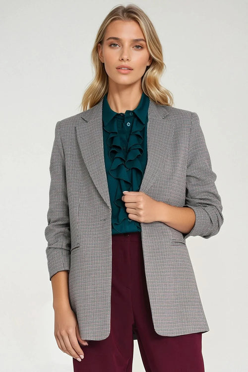 blazer femme tailleur coupe ample regularfit colcranté boutonunique microcarreaux grisanthracite manches troisquart plis subtils épaulettes structurees doublure confortable minimaliste