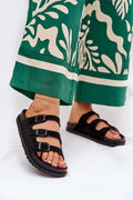 Sandales pour femmes en cuir suédé écologique, style moderne casual, semelle gomme épaisse, trois brides réglables boucles noires, confort tout jour, look estival