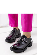 Chaussures basses noires pour femmes cuir verni Derby style lacets cachés boucle métallique semelle épaisse antidérapante confortable