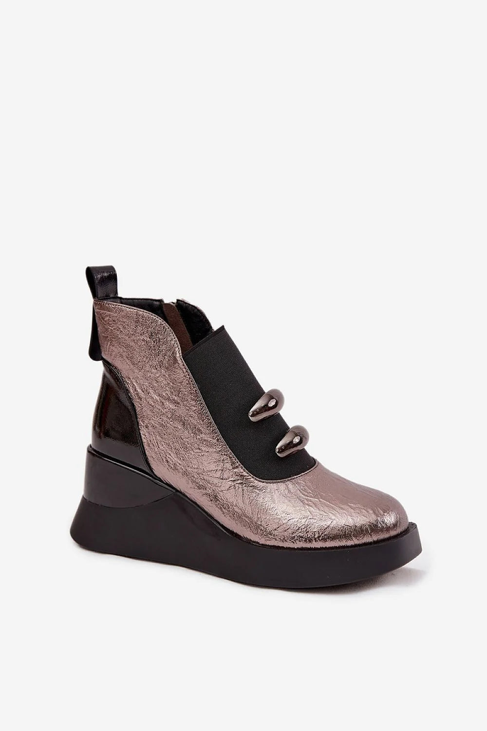 bottines femme cuir écologique métallisé bronze rosé effet froissé compensées plateforme talon incurvé semelle épaisse élastique zippée doublure chaude décoratives