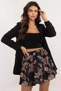jupe mini évasée taille élastique imprimé floral fond noir motifs marron beige crème polyester doublure viscose fluide plissée