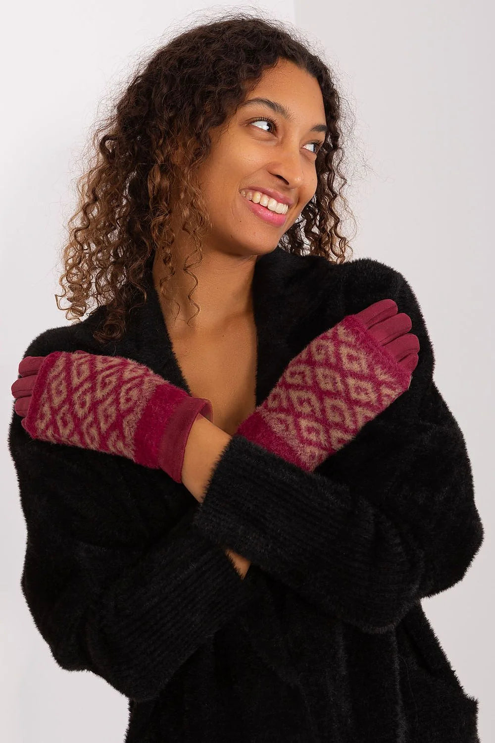 Gants femme élégants en coton laine polyester bordeaux motif jacquard